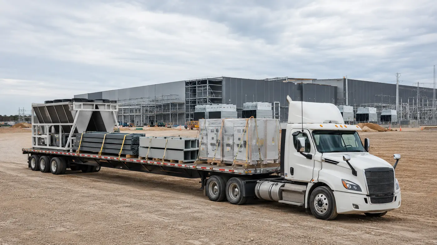 Flatbed truck transporting AI infrastructure equipment